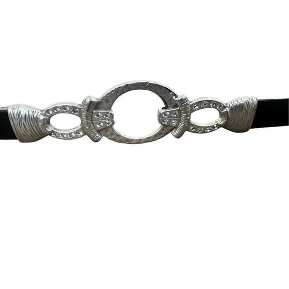 Chico’s Black Leather with Silvertone Rhinestone Adjustable Belt Size M/L - Picture 2 of 11